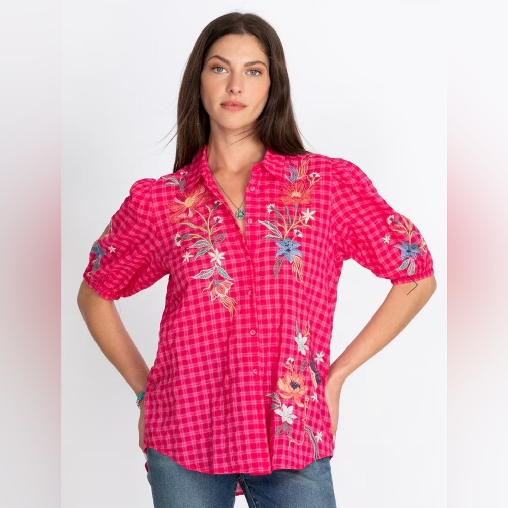 JOHNNY WAS | JORDAN LISBON SHIRT SMALL PINK EMBROIDERED PUFF SLEEVE BLOUSE - Picture 2 of 10